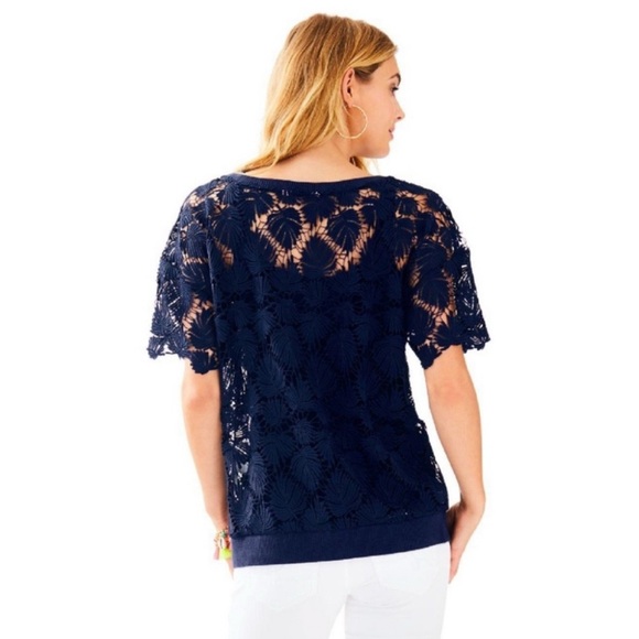 Lilly Pulitzer Lace Kay Royal Palm Top blouse navy blue women’s small s - Picture 2 of 5